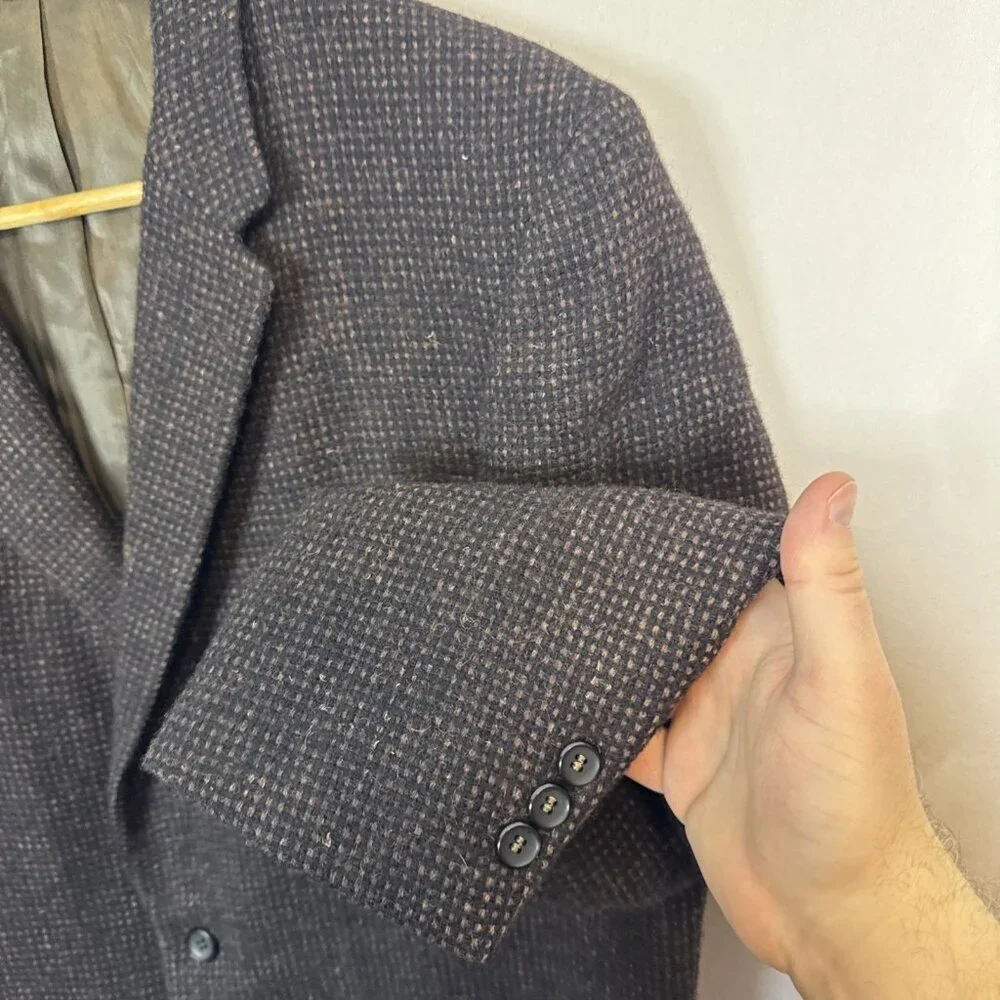 Harris Tweed Men 44 Reg Handwoven Sport Coat Brown Houndstooth 2 Button Wool 60s